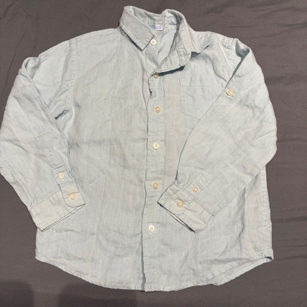 Janie and Jack Boys Light Blue 100% Linen Button Down Roll Tab Shirt Size 5